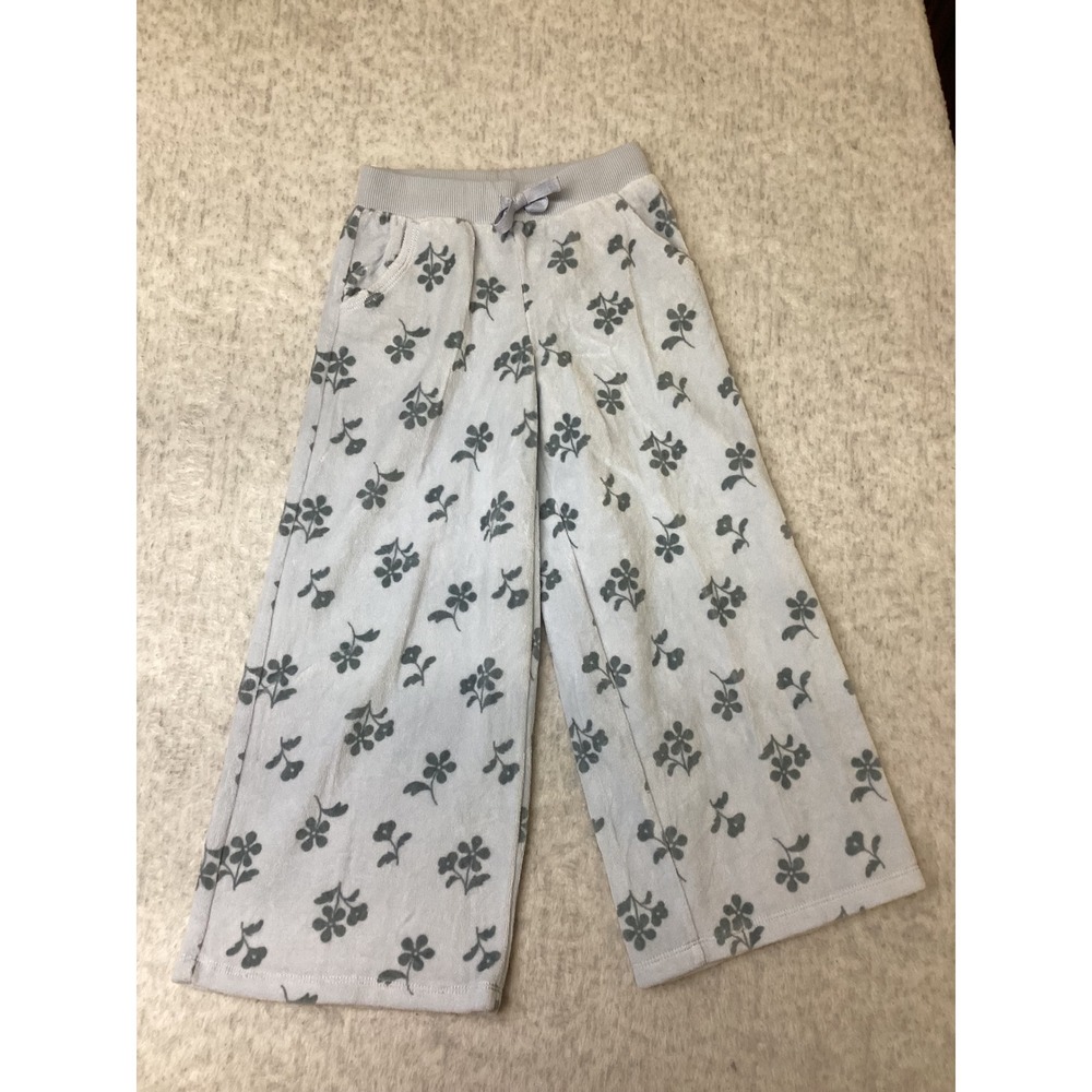 Cat & Jack Girls 5T Light Blue Floral Velour Wide Leg Pants Ribbed Waist Pockets